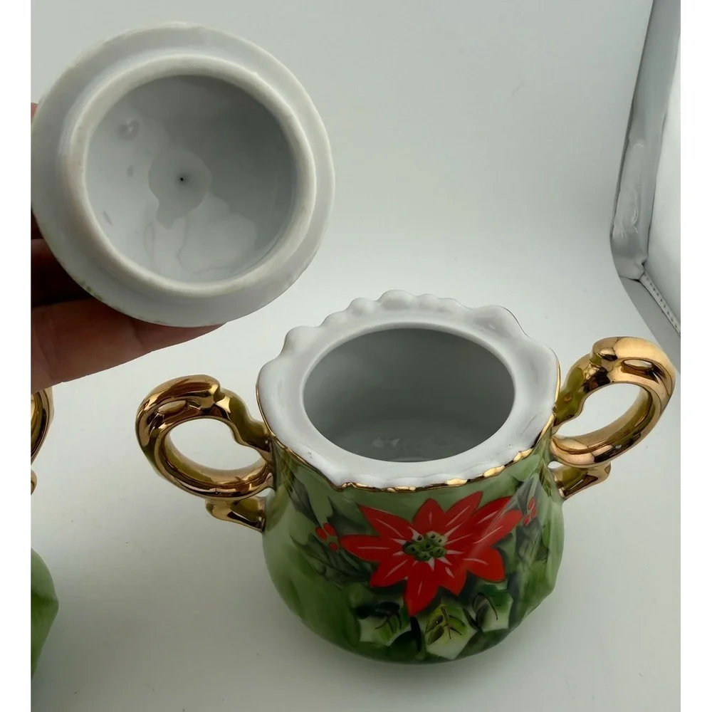 Lefton China Limited Edition‎ Hand Painted Poinsettia Sugar Bowl Creamer Set